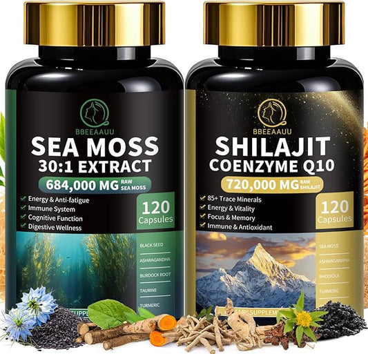 Sea Moss and Shilajit Bundle, All in 1 Supplements with Shilajit 720,000mg, Sea Moss 684,000mg, Coenzyme Q10, Black Seed, Ashwagandha, Burdock for Energy, Antioxidant, Immune Support, 240 Capsules