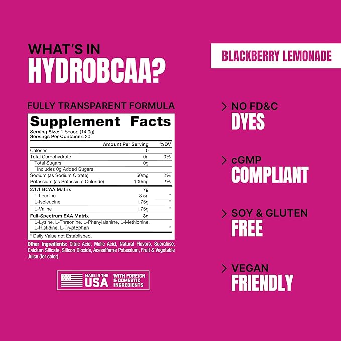 ProSupps HydroBCAA BCAA/EAA Full Spectrum Matrix, 7g BCAAs, 3g EAAs, 0g Sugar, 0g Carbs, 30 Servings, (BlackBerry Lemonade Flavor)