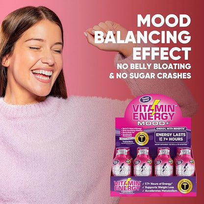 Mood Support Vitamin Energy Drink - Sugar Free, Keto/Vegan Friendly Shots | Mood Balancing with Rhodiola and Chamomile | Energize up to 7+ Hours | Tropical Berry - 1.93 Fl Oz - Pack Of 4