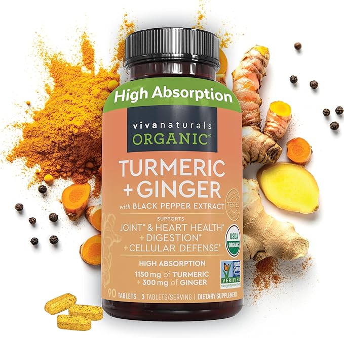 Organic Turmeric Ginger Supplements for Joint Support and Heart Health -1450 mg per Serving Tumeric and Ginger Pills with 150 of Turmeric Standardized to 95% Curcuminoids, 15mg Black Pepper Extract