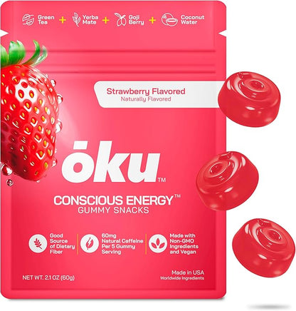 ōku Conscious Energy Gummy Snacks – Natural Caffeine from Green Tea & Yerba Mate, Vegan, Clean Ingredients, Gluten-Free, Focused Energy, Antioxidants & Fiber, Strawberry Pack of 12
