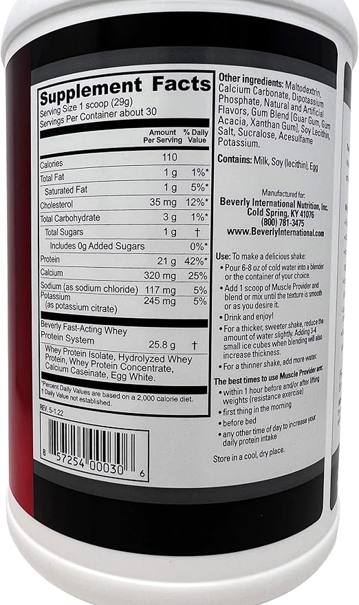 Beverly International Muscle Provider, 30 Servings, Vanilla. Super-Fast-Absorbing Whey Protein Powder for Recovery, Lean Muscle. Fills Your Muscles, not Your Stomach. Tastes Like Ice Cream!
