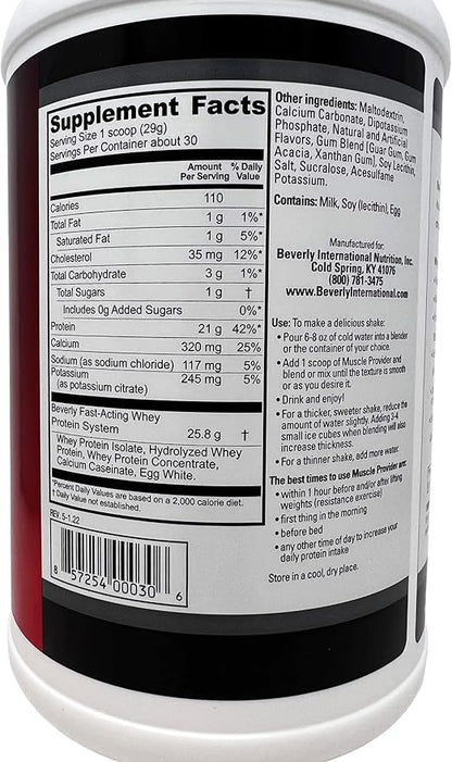 Beverly International Muscle Provider, 30 Servings, Vanilla. Super-Fast-Absorbing Whey Protein Powder for Recovery, Lean Muscle. Fills Your Muscles, not Your Stomach. Tastes Like Ice Cream!