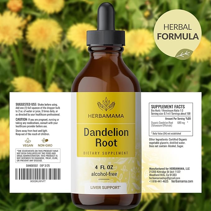 HERBAMAMA Dandelion Root Extract - Dandelion Tincture Vegan Liver Health Supplements - Dandelion Root Liver and Kidney Cleanse Drops - Alcohol & Sugar-Free, 56-Day Supply