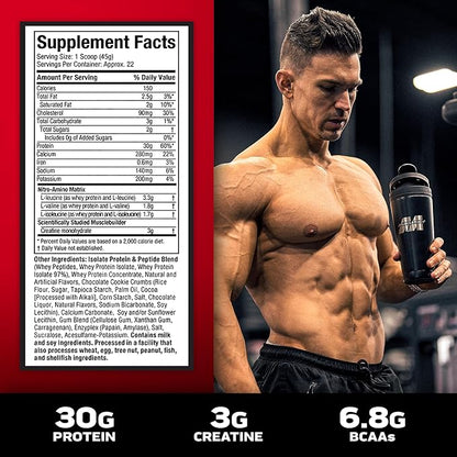 Muscletech Whey Protein Powder (Cookies & Cream, 2.2 Pound) - Nitro-Tech Muscle Building Formula with Whey Protein Isolate & Peptides - 30g of Protein, 3g of Creatine & 6.8g of BCAA