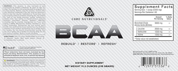 Core Nutritionals BCAA, Increases Skeletal Muscle Protein Synthesis, 5 Grams, 60 Servings