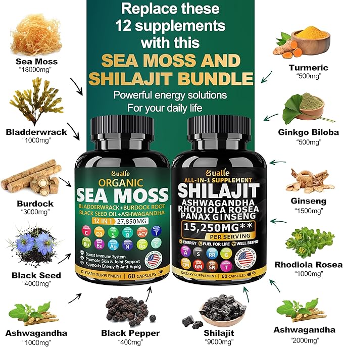 Sea Moss and Shilajit Bundle - 60 Count - Sea Moss 18000mg, Black Seed Oil 4000mg, Ashwagandha 1000mg, Ginger & Shilajit 9000mg, Rhodiola Rosea 1000mg, All in 1 Supplements (2 Pack)