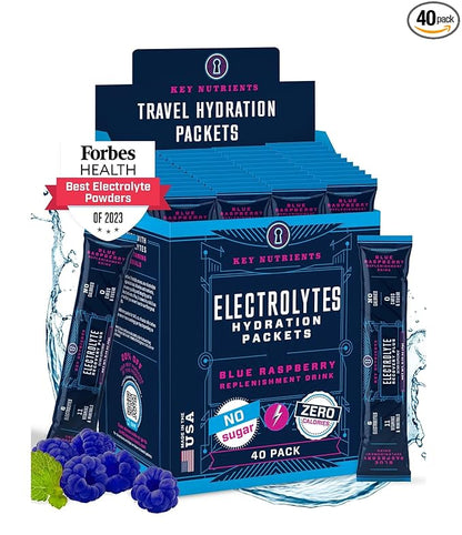 KEY NUTRIENTS Electrolytes Powder Packets - Delicious Blue Raspberry 40 Pack Hydration Packets - Travel Hydration Powder - Made in USA - No Sugar, No Calories, Gluten Free