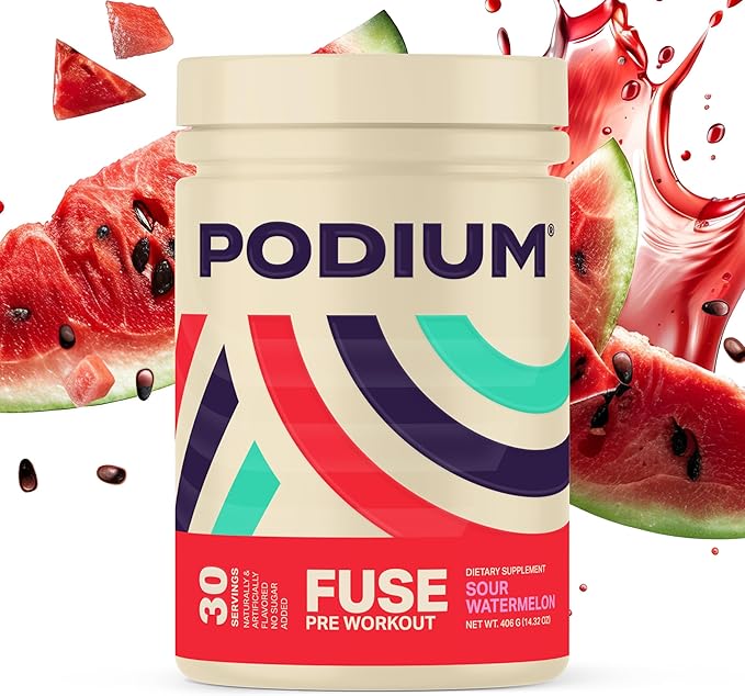 Podium Nutrition, Fuse Pre Workout Powder, Sour Watermelon, 30 Servings, Beta Alanine and Caffeine for Energy, Gluten Free, Soy Free, Dairy Free