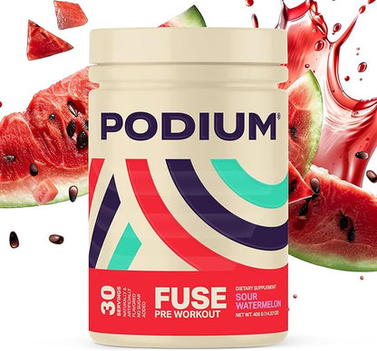 Podium Nutrition, Fuse Pre Workout Powder, Sour Watermelon, 30 Servings, Beta Alanine and Caffeine for Energy, Gluten Free, Soy Free, Dairy Free