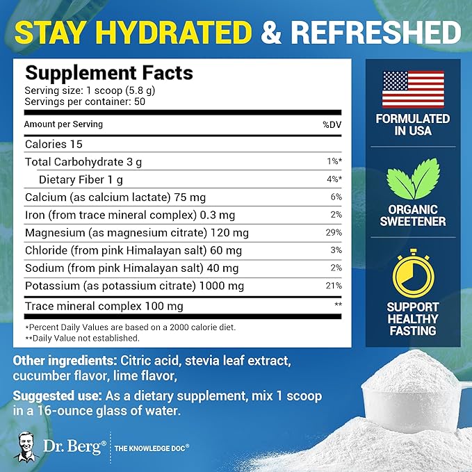 Dr. Berg Zero Sugar Hydration Keto Electrolyte Powder - Enhanced w/ 1000 mg of Potassium & Real Pink Himalayan Salt (NOT Table Salt) - Cucumber Lime Flavor Hydration Drink Mix Supplement - 50 Servings