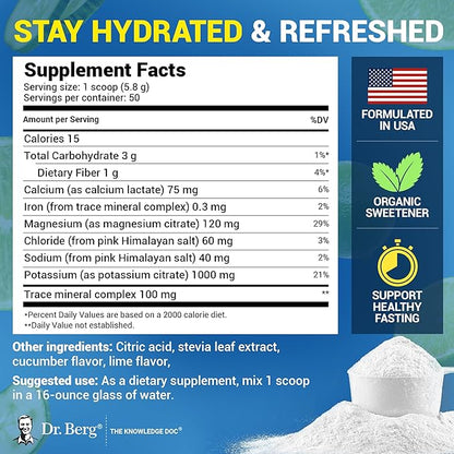 Dr. Berg Zero Sugar Hydration Keto Electrolyte Powder - Enhanced w/ 1000 mg of Potassium & Real Pink Himalayan Salt (NOT Table Salt) - Cucumber Lime Flavor Hydration Drink Mix Supplement - 50 Servings