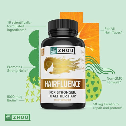 Zhou Hairfluence, Hair Growth Supplement with Clinically Studied Lustriva and Keranat and Hair Vitamins Biotin 5000mcg, Vitamin D, A, C & B12, Non-GMO, Gluten Free, 60 VegCaps