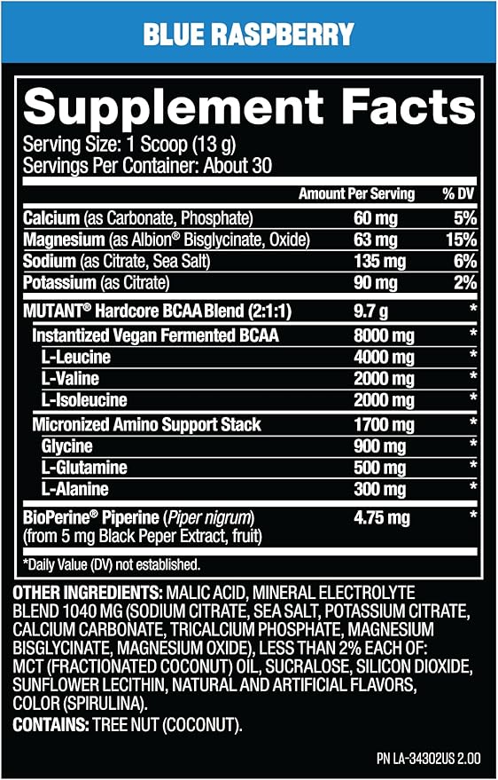 Mutant Hardcore BCAA - Pre, Intra or Post Workout – BCAA Next Level branched-Chain Amino Acids Supplement – Hydration + Recovery - 30 Serving - Blue Raspberry