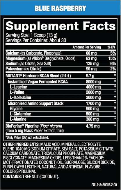 Mutant Hardcore BCAA - Pre, Intra or Post Workout – BCAA Next Level branched-Chain Amino Acids Supplement – Hydration + Recovery - 30 Serving - Blue Raspberry
