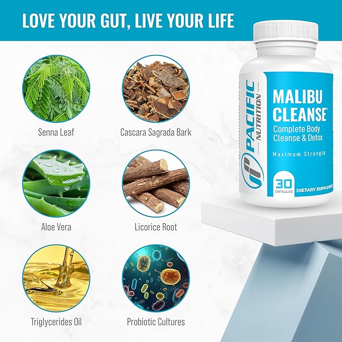 Full Body Detox - Malibu Cleanse Complete Body & Intestinal Cleanse with Senna Leaf, Cascara Sagrada Bark & Aloe Vera - Natural Detox for Men’s & Women’s Health, 30 Capsules