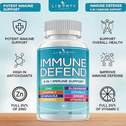 8 in 1 Immune Defense Support, Immunity Vitamins Supplement Booster with Zinc 50mg, Vitamin C Elderberry Vit D3 5000 IU, Turmeric Curcumin & Ginger, Echinacea - Allergy Relief for Kids Adults (2 Pack)