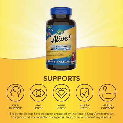 Nature’s Way Alive! Men’s 50+ Complete Multivitamin, Supports Multiple Body Systems*, Supports Cellular Energy*, High Potency B-Vitamins, Gluten-Free, 130 Tablets