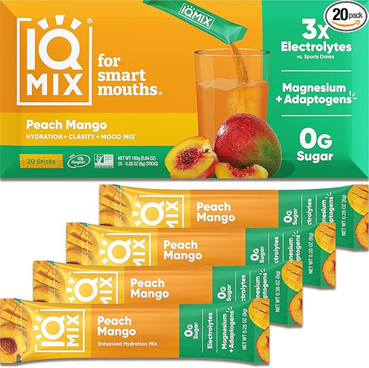 IQMIX Sugar Free Electrolytes Powder Packets - Hydration Supplement Drink Mix with Keto Electrolytes, Lions Mane, Magnesium L-Threonate, and Potassium Citrate - Peach Mango (20 Count)