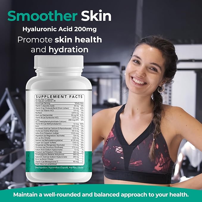 Daily Low Dose MultiVitamin & Mineral for Men & Women to Support Cognitive Performance & Memory + Hyaluronic Acid for Skin Health + TMG for Exercise (150 Count)