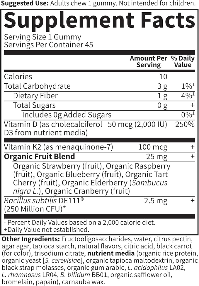 Garden of Life Vitamin D3+K2 Gummies with Prebiotics&Probiotics for Digestion,2000 IU Vitamin D3+100mcg K2 for Bone&Immune Health for Adults,Vitamin Code,Non-GMO,Gluten-Free,45 Raspberry Lemon Gummies