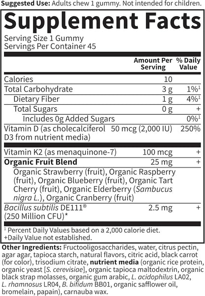 Garden of Life Vitamin D3+K2 Gummies with Prebiotics&Probiotics for Digestion,2000 IU Vitamin D3+100mcg K2 for Bone&Immune Health for Adults,Vitamin Code,Non-GMO,Gluten-Free,45 Raspberry Lemon Gummies