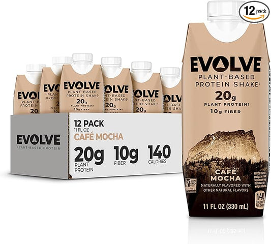 Evolve Plant Based Protein Shake, Café Mocha, 20g Vegan Protein, Dairy Free, No Artificial Sweeteners, Non-GMO, 10g Fiber, 11oz, (12 Pack) (Formula May Vary)