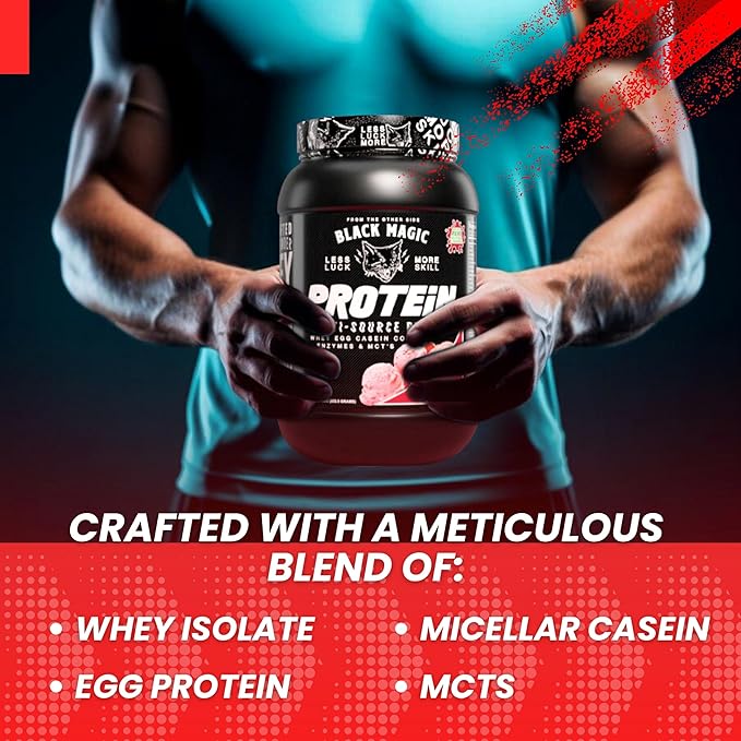Worldwide Nutrition Bundle Compatible with Black Magic Protein Powder - Multi-Source Protein Whey, Egg & Casein Complex with Enzymes & MCT- 2LB Strawberry Ice Cream Flavor with Multi-Purpose Keychain