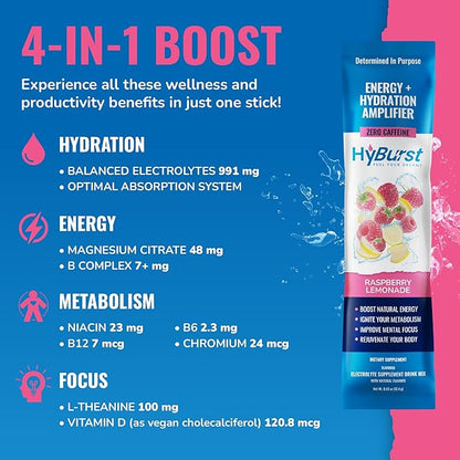Energy + Hydration Amplifier - Multivitamin Electrolyte Powder Packets with Vitamins D3 K2 & B6 B12 | L-Theanine, Cane Sugar, Caffeine Free Energy Drink Powder | Raspberry Lemonade, 15 Pack