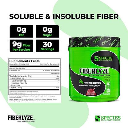 Species Nutrition Fiberlyze Fiber Supplement, Psyllium Based Soluble & Insoluble Fiber Powder for Healthy Colon, Digestive Functions (Fruit Punch, 30 Servings)