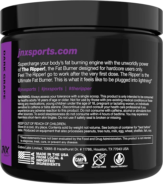 JNX SPORTS The Ripper! Shredding Thermogenic Fat Burner - Dark Grape 30 Servings | Advanced Fast Acting Thermogenic Pre-Workout, Appetite Suppressant for Men & Women
