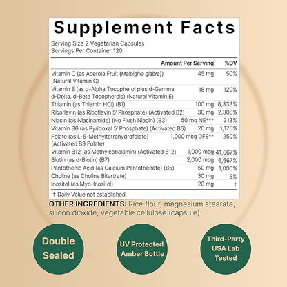 Methylated B Complex Vitamins, 240 Veggie Capsules | Multivitamin B Complex | B12, Folate, Biotin & More – with Natural Vitamin C, E, Choline & Inositol – Immune, Energy, & Prenatal Support