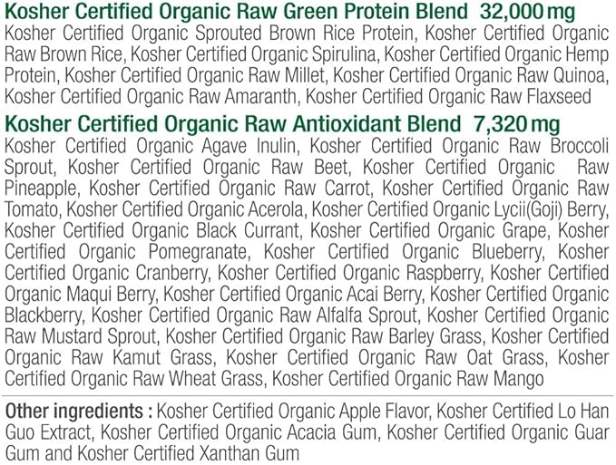 Juvo Raw Green Protein Organic, Vegan, Gluten Free, Non-GMO, Kosher, No Stevia, 23g of Protein, Complete Amino Acid Profile, 16.9 Ounce