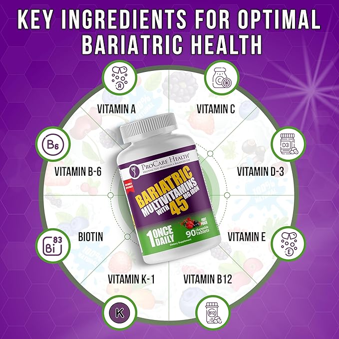 Procare Health Bariatric Multivitamin with Iron 45mg Chewable (90 Tablets) - Fruit Punch Flavor Bariatric Multivitamin Chewable Pills for Gastric Bypass & Sleeve Gastrectomy Patients (03 Month Supply)