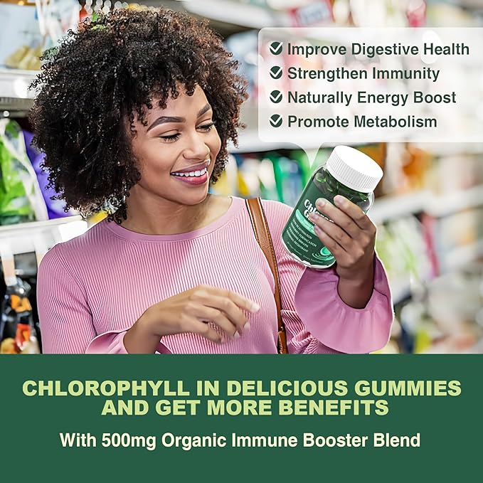 Sugar Free Chlorophyll Gummies - with Unfiltered ACV, Sea Moss & Elderberry, Echinacea, Vitamin D3, C, E, B12 - Natural Deodorant, Breathe Fresh, Immune & Digestion Support, Vegan Delicious Chews 60Ct