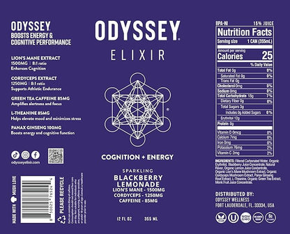 Odyssey Elixir Functional Beverage - Adaptogen Drink with Lions Mane, Cordyceps, L Theanine & Green Tea Caffeine - for Cognition, Energy & Mood Boost - 0 Added Sugar - Blackberry Lemonade - 12 Pack