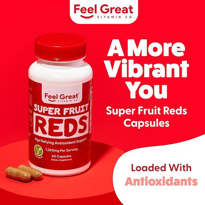 Feel Great Vitamins Superfruit Reds – Antioxidant Superfood with Polyphenols for Anti-Aging & Immune Support – Acai, Mangosteen, Pomegranate, Blueberry & Much More – 60 Capsules