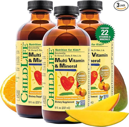 CHILDLIFE ESSENTIALS Kids Multivitamin & Mineral - Kids Vitamins, Liquid Multivitamin for Kids, Toddler Multivitamins, Liquid Vitamins, Baby Multivitamin - Natural Orange & Mango, 8 Fl Oz (Pack of 3)