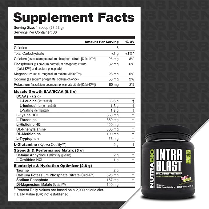 NutraBio Intra Blast BCAA EAA Electrolyte and Hydration Powder - Amino Acid Supplement, EAA/BCAA Powder - Non-GMO and Gluten Free - Cherry Limeade - 30 Servings