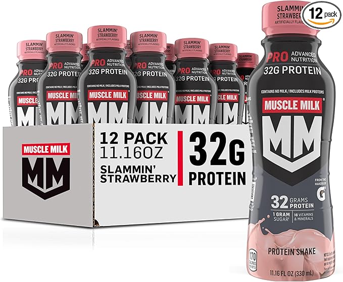Muscle Milk Pro Advanced Nutrition Protein Shake, Slammin' Strawberry, 11.16 Fl Oz (Pack of 12), 32g Protein, 1g Sugar, 16 Vitamins & Minerals, 5g Fiber
