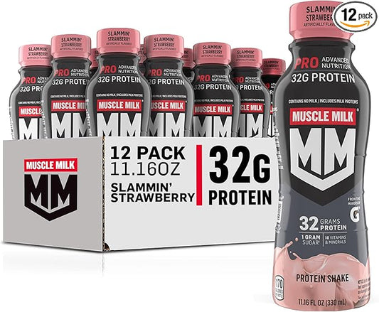 Muscle Milk Pro Advanced Nutrition Protein Shake, Slammin' Strawberry, 11.16 Fl Oz (Pack of 12), 32g Protein, 1g Sugar, 16 Vitamins & Minerals, 5g Fiber