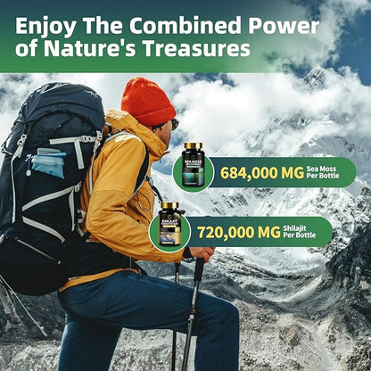 Sea Moss and Shilajit Bundle, All in 1 Supplements with Shilajit 720,000mg, Sea Moss 684,000mg, Coenzyme Q10, Black Seed, Ashwagandha, Burdock for Energy, Antioxidant, Immune Support, 240 Capsules