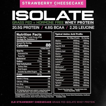 Muscle Feast Grass-Fed Whey Protein Isolate, All Natural Hormone Free Pasture Raised, Strawberry Cheesecake, 2lb
