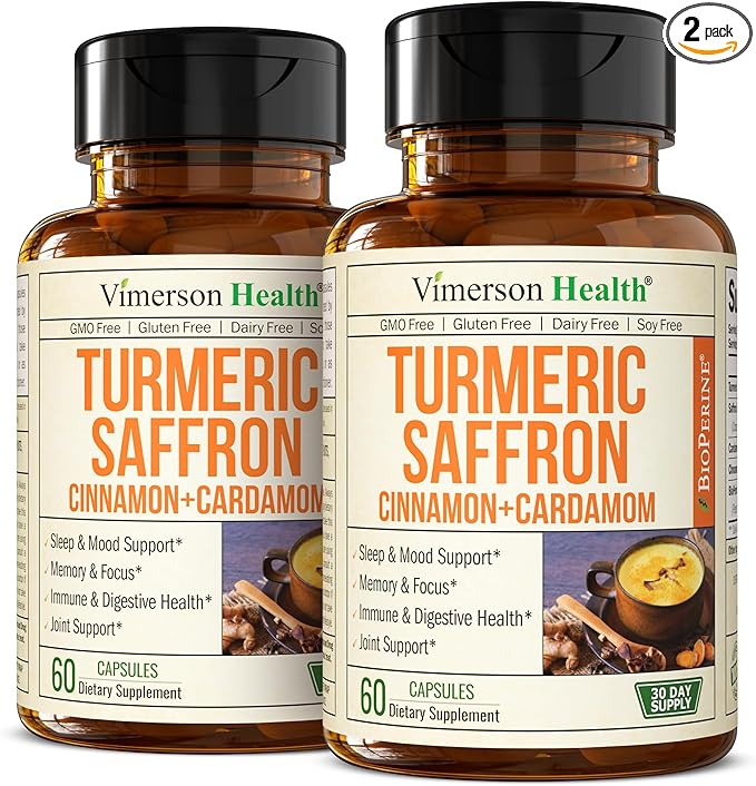 Turmeric Saffron Supplements with Cinnamon & Cardamom - Antioxidant Joint Support Supplement Contains Turmeric Curcumin with Black Pepper for Mood, Memory, Eye Health & Well-Being (Pack of 2)