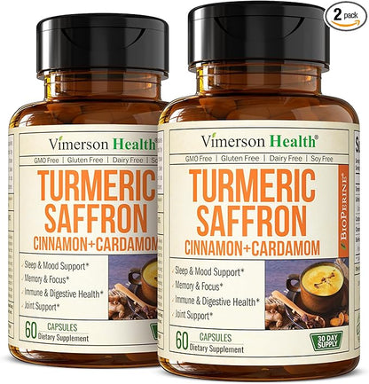 Turmeric Saffron Supplements with Cinnamon & Cardamom - Antioxidant Joint Support Supplement Contains Turmeric Curcumin with Black Pepper for Mood, Memory, Eye Health & Well-Being (Pack of 2)