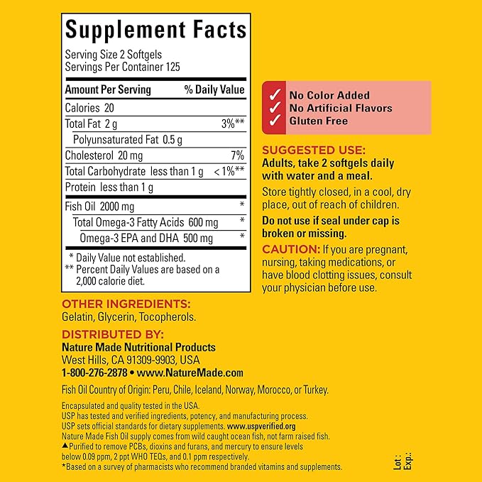 Nature Made Fish Oil 1000 mg Softgels, Fish Oil Supplements, Omega 3 Fish Oil for Healthy Heart Support, Omega 3 Supplement with 250 Softgels, 125 Day Supply