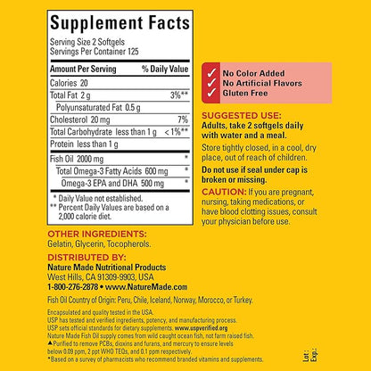 Nature Made Fish Oil 1000 mg Softgels, Fish Oil Supplements, Omega 3 Fish Oil for Healthy Heart Support, Omega 3 Supplement with 250 Softgels, 125 Day Supply