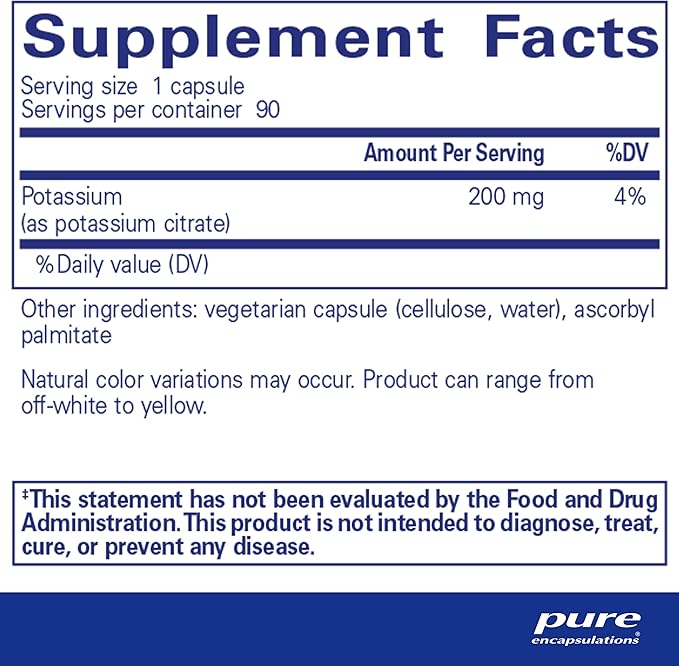 Pure Encapsulations Potassium (Citrate) - Essential Electrolyte Supplement to Support Nerve & Muscle Function, Adrenals, Hormones, Heart Health & Energy* - Potassium Citrate Capsule - 90 Capsules