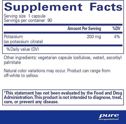 Pure Encapsulations Potassium (Citrate) - Essential Electrolyte Supplement to Support Nerve & Muscle Function, Adrenals, Hormones, Heart Health & Energy* - Potassium Citrate Capsule - 90 Capsules
