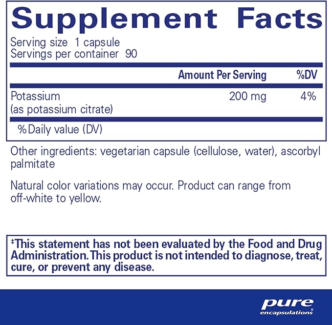 Pure Encapsulations Potassium (Citrate) - Essential Electrolyte Supplement to Support Nerve & Muscle Function, Adrenals, Hormones, Heart Health & Energy* - Potassium Citrate Capsule - 90 Capsules